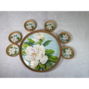 Vintage D. H. Holmes Magnolia Flower Bamboo Tray & Coaster Set Benefits Charity